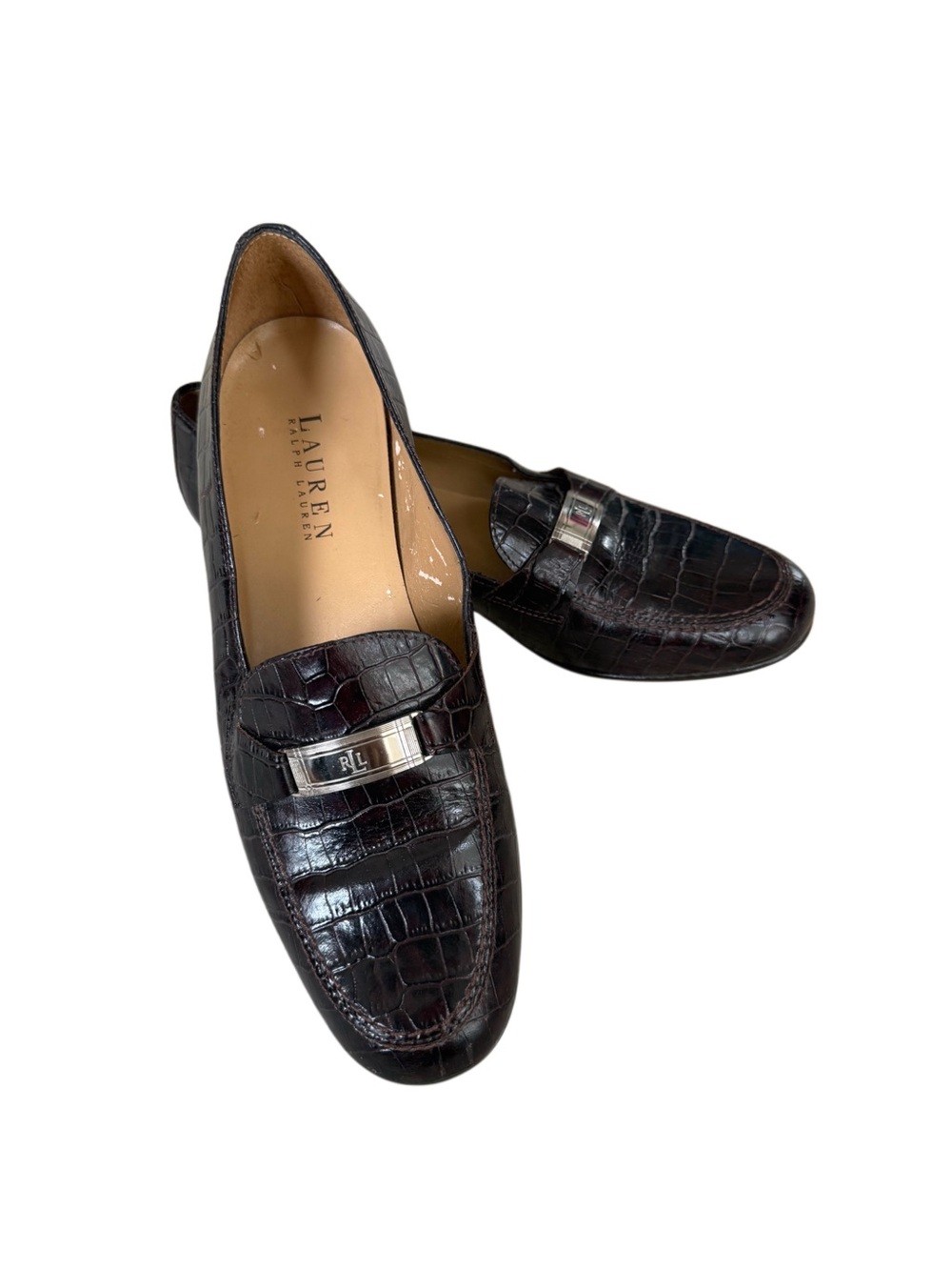 Lauren Ralph Lauren Dark Brown Croc-Embossed Leather Bit Slip On Loafers Size 8